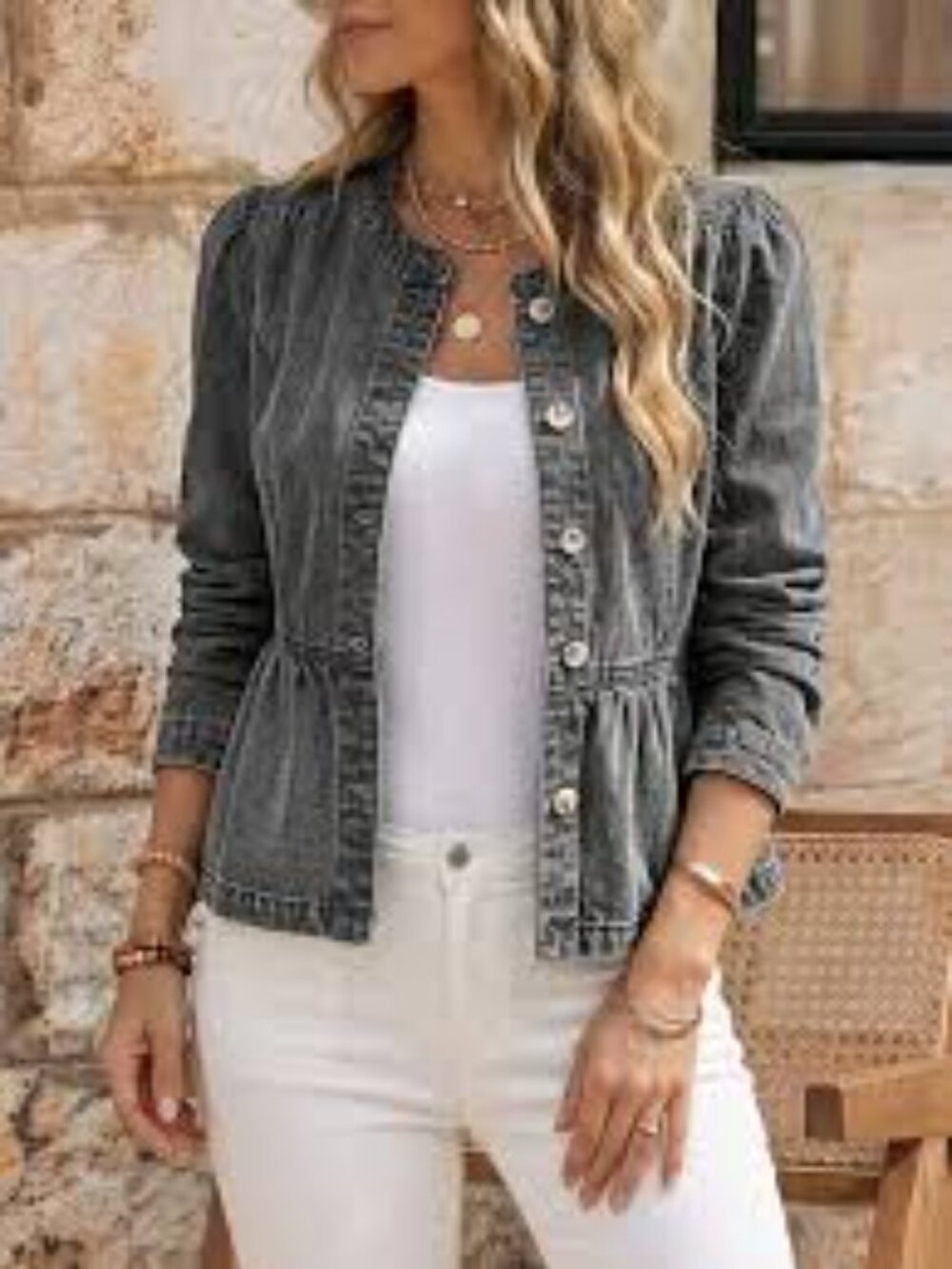 Acid Wash Grey Denim Peplum Jacket Puff Sleeve Button Up Collarless Size Medium